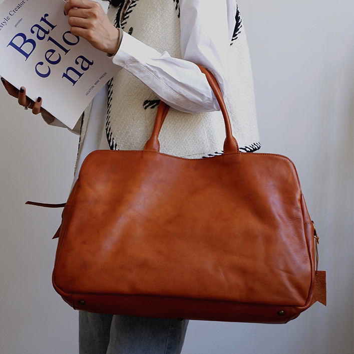Large Tote Genuine Leather Bag,Business Trip Bag For Men For Women,Weekend Bag,18in Length-i7bags Yellow Brown-46