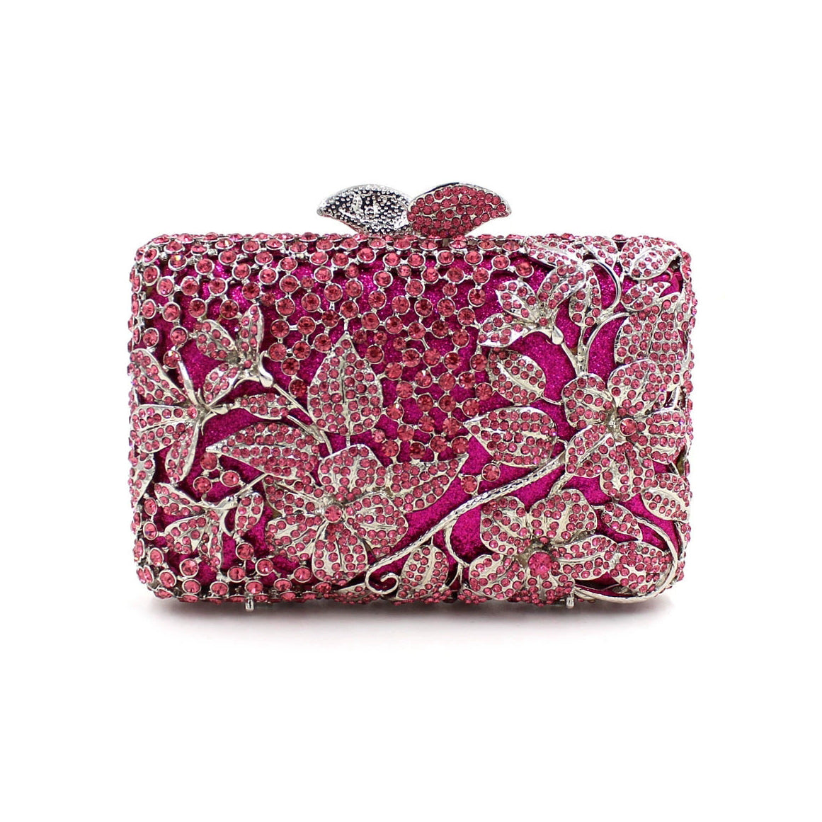 Blooming Pink Flowers Rhinestone Evening Bag,Wedding Clutch Rose Purple