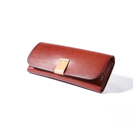 Full Grain Leather Glasses Case - Luxury Eyewear Storage Protector in a rich brown color with a clasp closure.