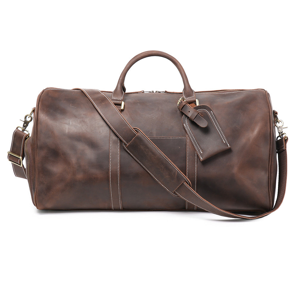 Vintage|Tannery Craft, Men's Large Genuine Leather Travel Bag, Crazy Horse Leather Large Crossbody Luggage Bag, 21.7 in Length Gym Bag Dark Brown