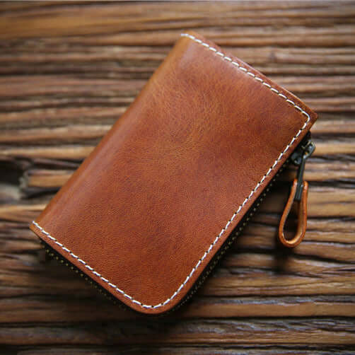 Full Grain Leather Short Wallet - Premium Cowhide Compact Purse in brown, handcrafted with a hand-dyed finish.