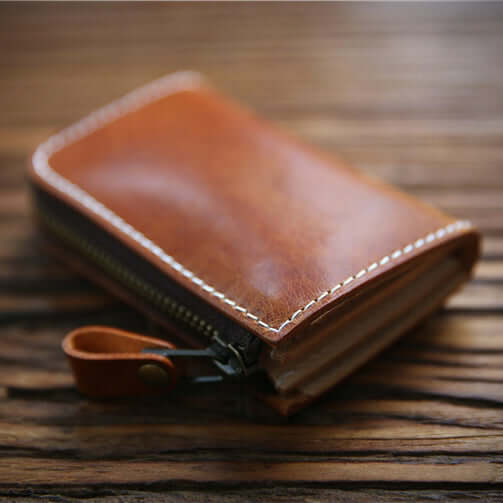 Full Grain Leather Short Wallet - Premium Cowhide Compact Purse in rich brown leather with a zipper opening.