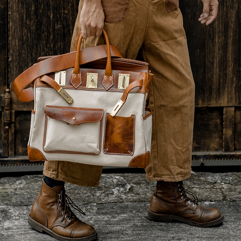 canvas travel tote bag Large Canvas Tote,Italian Genuine Leather Canvas Bag,Travel Bag,16.5in