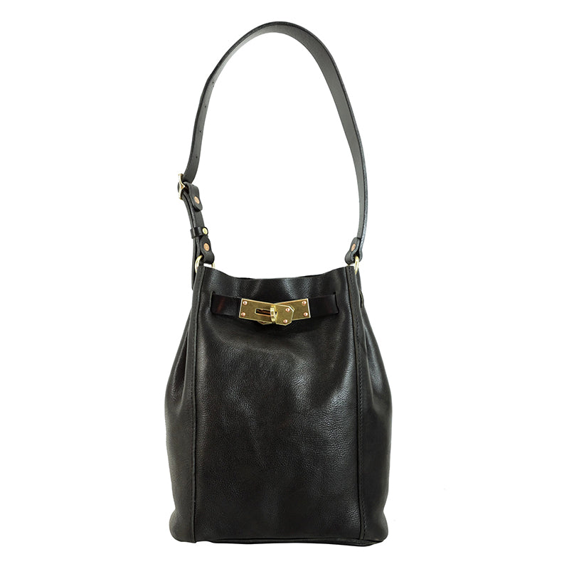 Italian Leather Bucket Bag Women with gold buckle closure and adjustable shoulder strap.