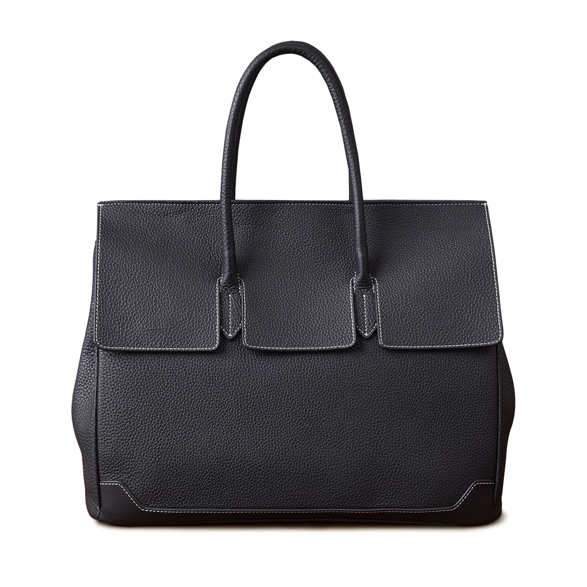 Stylish black leather tote bag with two handles and flap closure, perfect for work and everyday use.