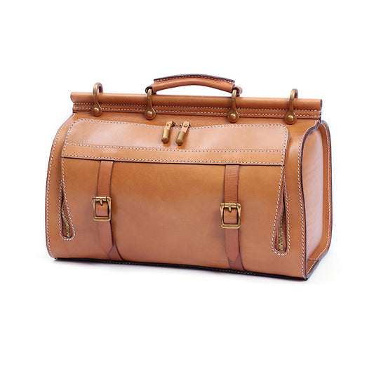 Full Grain Italian Vegetable Tanned Leather Large Travel Bag, Vintage Shoulder Bag Suitcase, Length 15.6 In