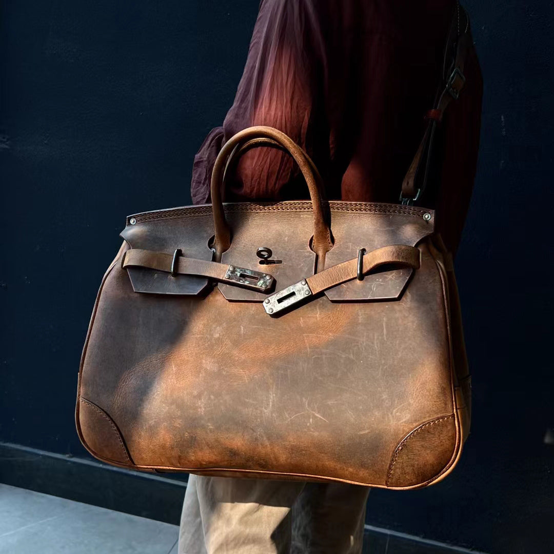 Genuine Leather Mens Bag, distressed travel leather bag, dimensions 18.9in, stylish and durable.