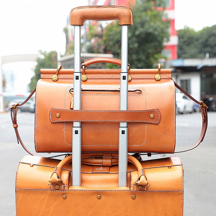 Full Grain Italian Vegetable Tanned Leather Large Travel Bag, Vintage Shoulder Bag Suitcase, Length 15.6 In