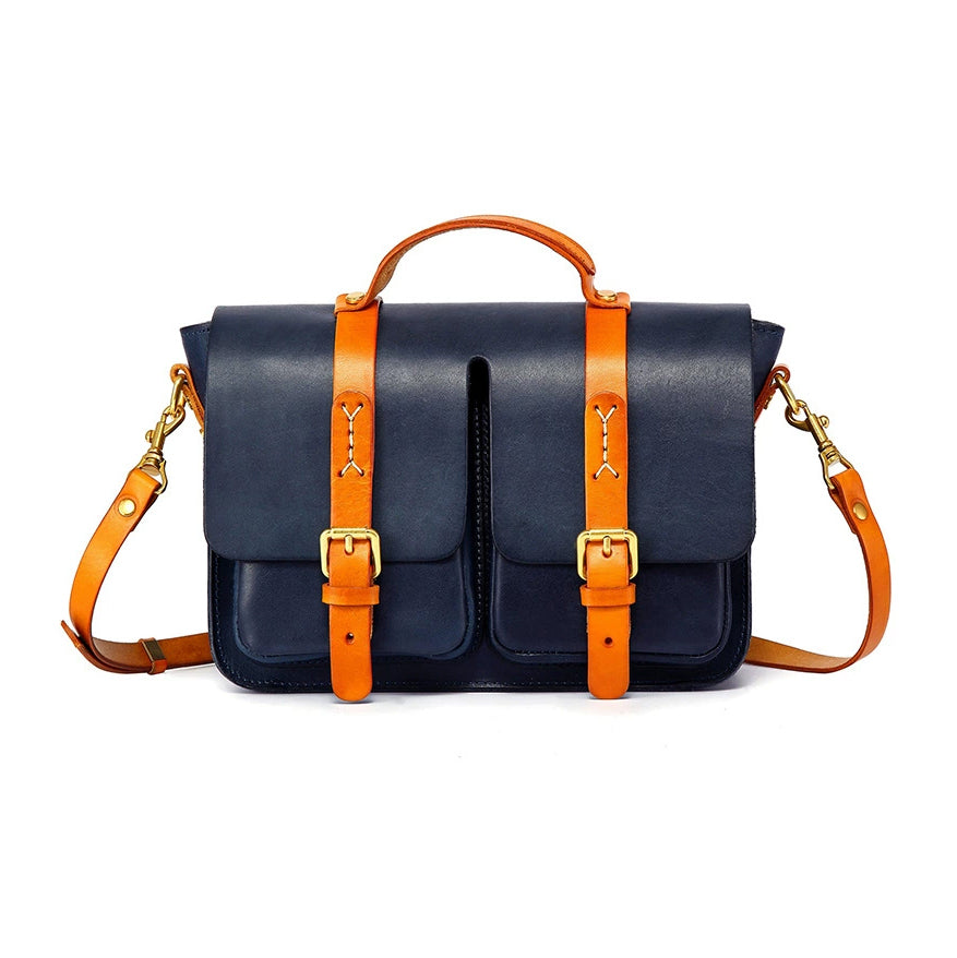 Leather Cambridge Satchel,Unisex Color-Block Crossbody Cambridge Leather Bag,For Women For Men-i7bags Dark Blue