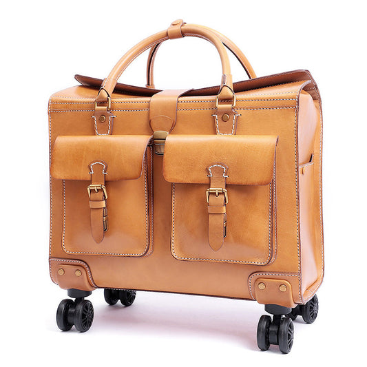 Full Grain Italian Vegetable Tanned Leather Wheeled Carry-On Luggage, Vintage Suitcase For Men for Women, Length 18.5 In