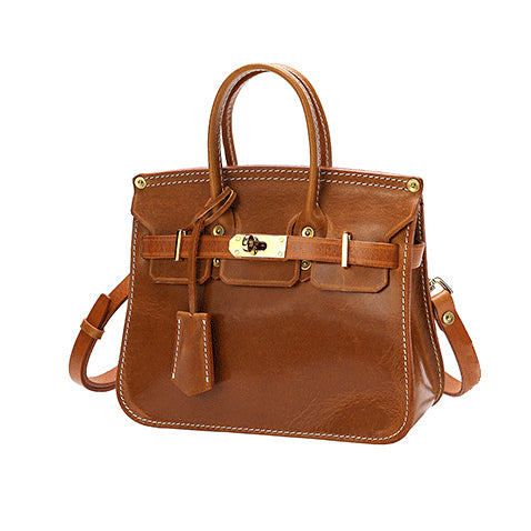 Classic Italian Leather Crossbody Bag Women in brown with shoulder strap and top handles.