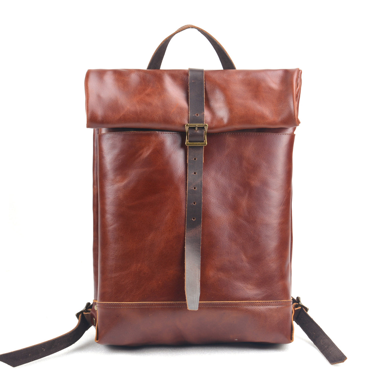 backpack designed for carry on luggage fold top leather Large Leather Laptop Backpack,Outdoor Travel Roll-Top Leather Backpack – i7Bags