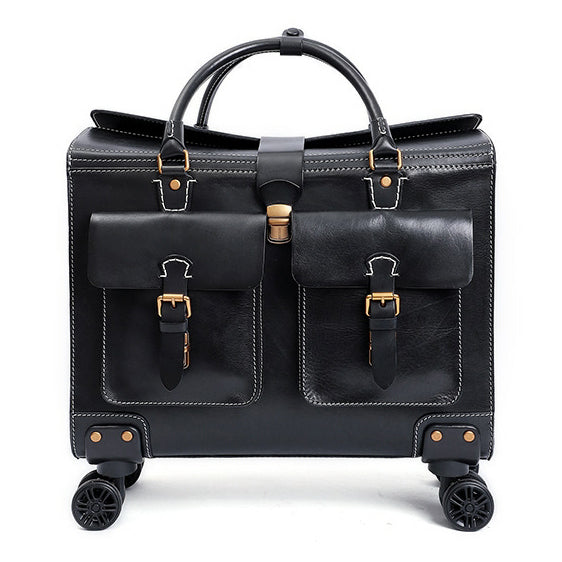 Full Grain Italian Vegetable Tanned Leather Wheeled Carry-On Luggage, Vintage Suitcase For Men for Women, Length 18.5 In Black
