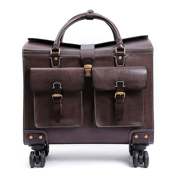 Full Grain Italian Vegetable Tanned Leather Wheeled Carry-On Luggage, Vintage Suitcase For Men for Women, Length 18.5 In Dark Brown