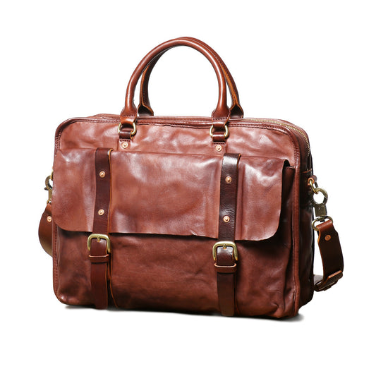 Vintage|Tannery Craft, Retro men's genuine leather handbag, vegetable tanned leather large capacity computer bag, cowhide shoulder messenger business bag, 15.4 in Length