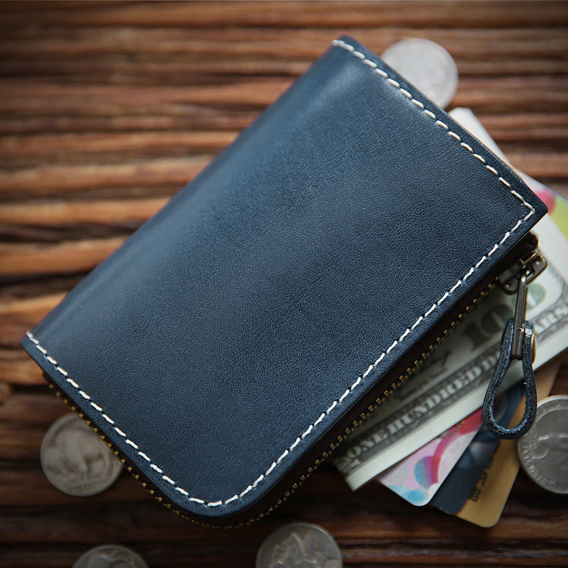 Full Grain Leather Short Wallet - Premium Cowhide Compact Purse