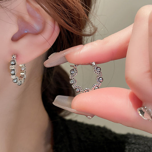 Retro U-Shaped Metallic Gray Pearl Earring-i7bags