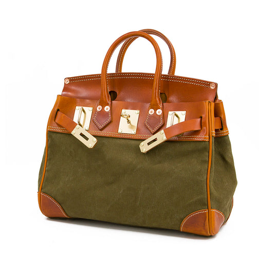 Canvas And Leather Handbags,Canvas Leather Bag,Work Bag,Unisex, 15in - Army Green and Tan Colors
