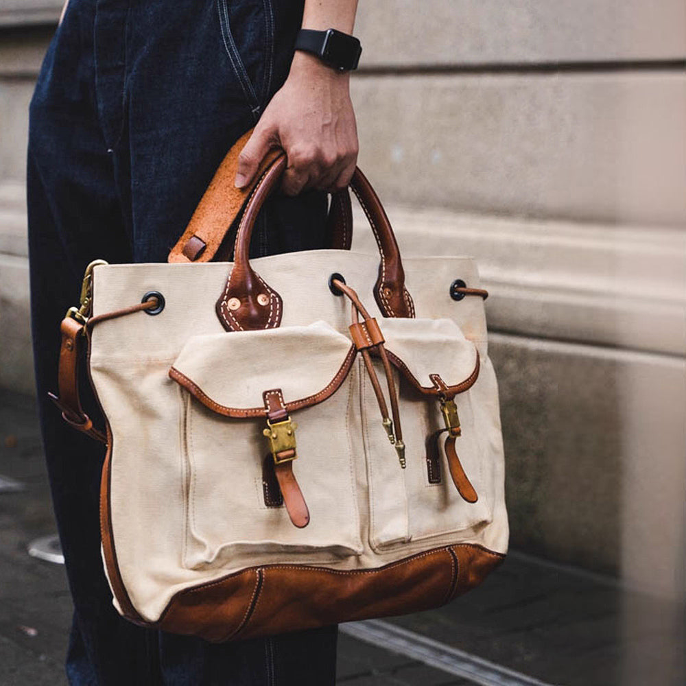 Top Layer Cowhide Distressed Washed Canvas Tote Bag, Shoulder