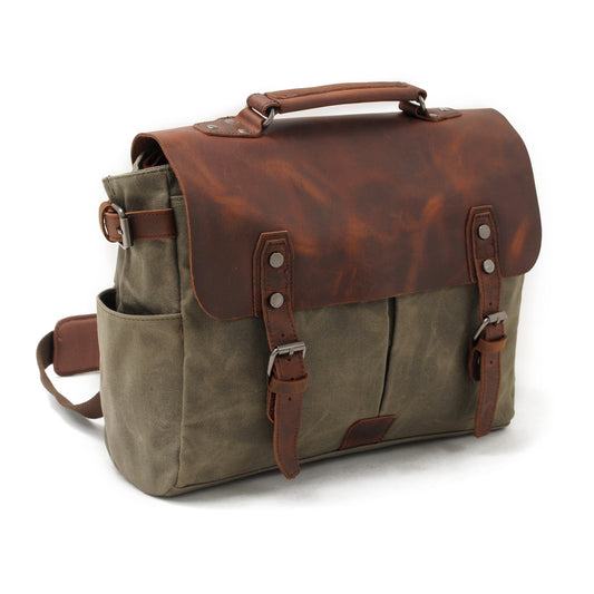 Vintage Waxed Canvas and Crazy Horse Leather Laptop Messenger Bag-i7bags with premium leather accents.