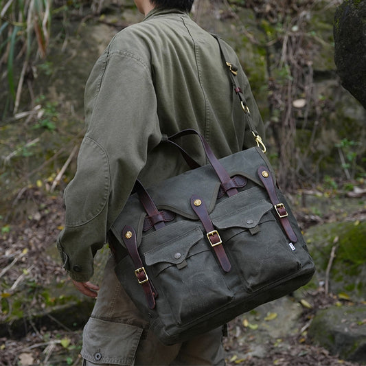 Vintage Military-Style Waxed Canvas Messenger Bag for 15.6in Laptop