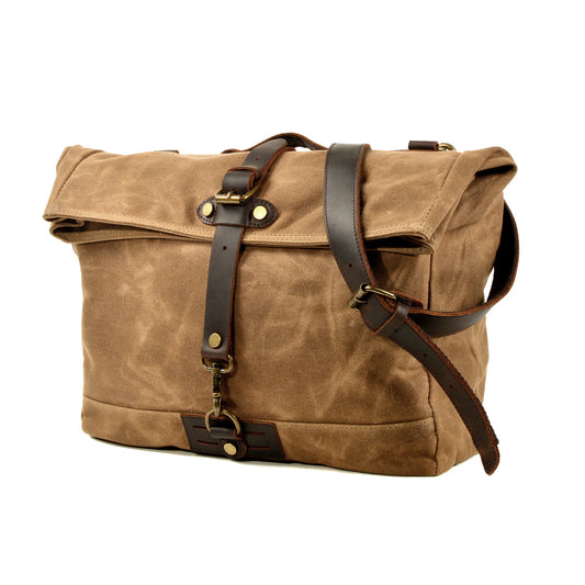 Waxed Canvas Leather Crossbody Handbag,Outdoor Travel Bag-i7bags in brown waxed canvas with leather straps.