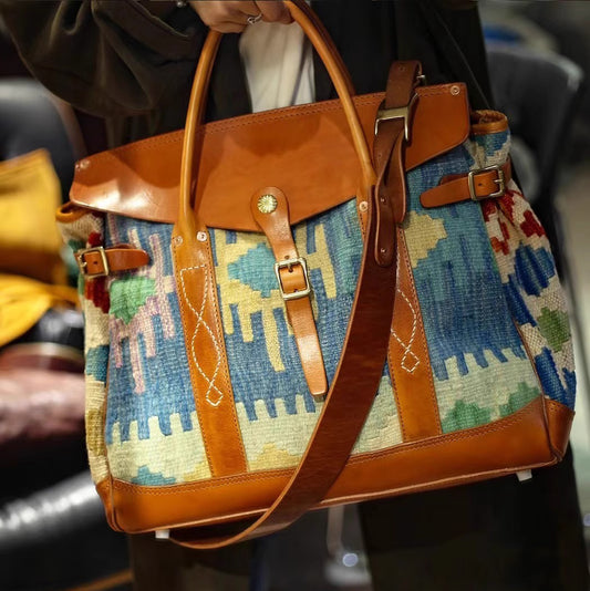 Craft|Artisan's Art, Italian Genuine Leather Wool Carpet Tote Big Bag, Retro Personalized Crossbody Bag,16.5in Length-i7bags