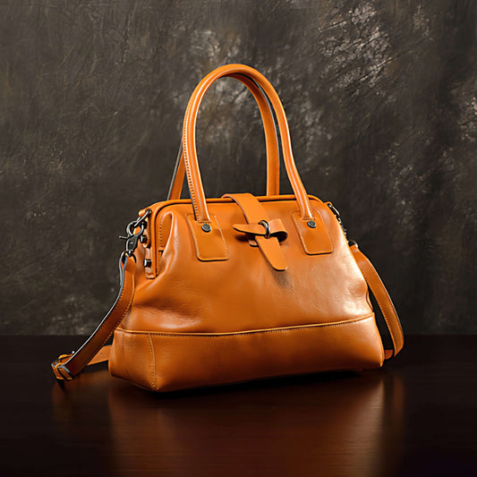 Doctor Bag,Leather Crossbody Bag For Women,Designer Leather Bag,11.8in in yellow brown leather on a table.