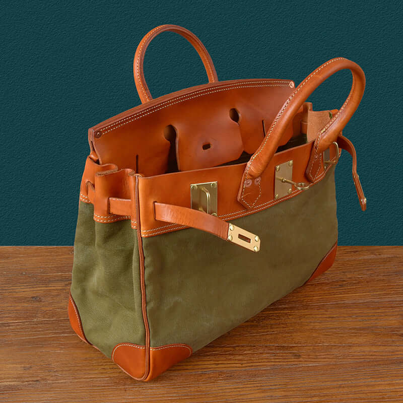 Large Canvas Leather Bag Travel Tote Italian Leather Work Bag 18.1in in army green with leather details.