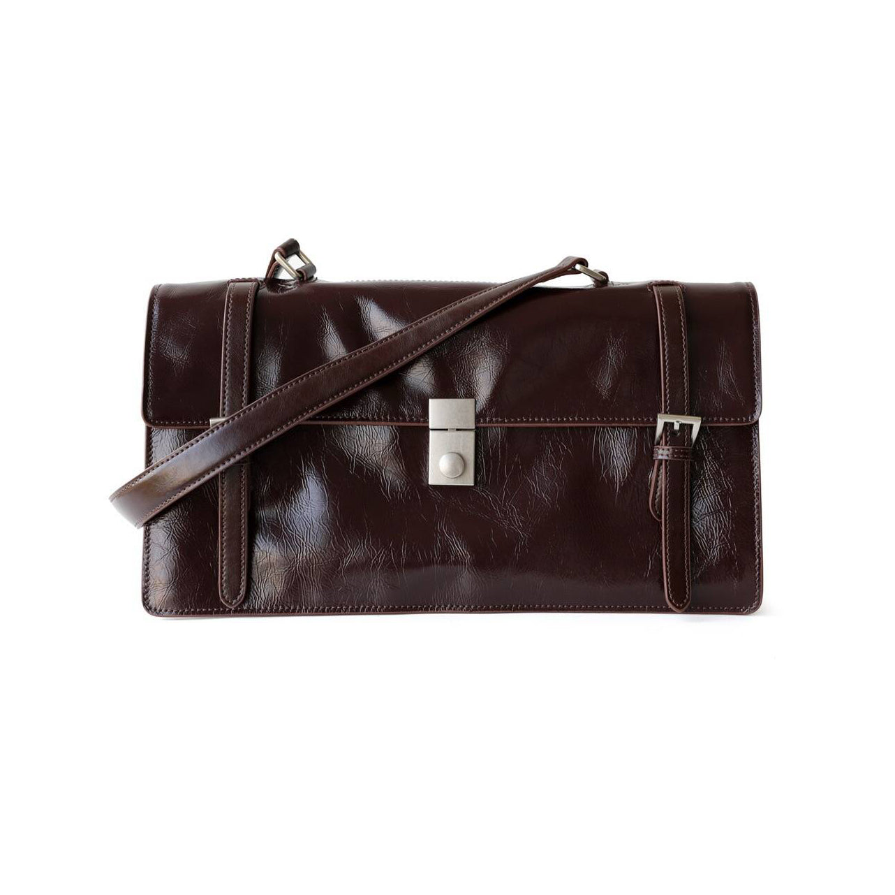 Genuine Top Grain Waxed Leather Handbag, Shoulder Bag For Women, Accordion Bag, 13.8 in Length Dark Brown