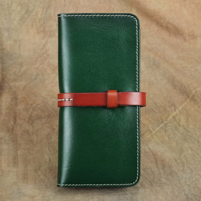 Handmade Full Grain Leather Long Wallet Card Slots Clutch 7.9in in green with a brown leather strap.