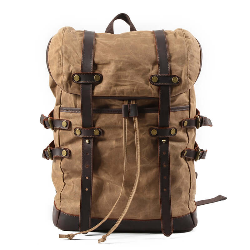 Canvas Backpack Men Waterproof Travel Rucksack Outdoor Bag 17.7in in dark khaki with brown leather accents.