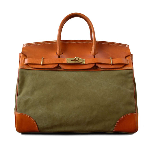 Large Canvas Leather Bag Travel Tote Italian Leather Work Bag 18.1in in army green with leather accents.