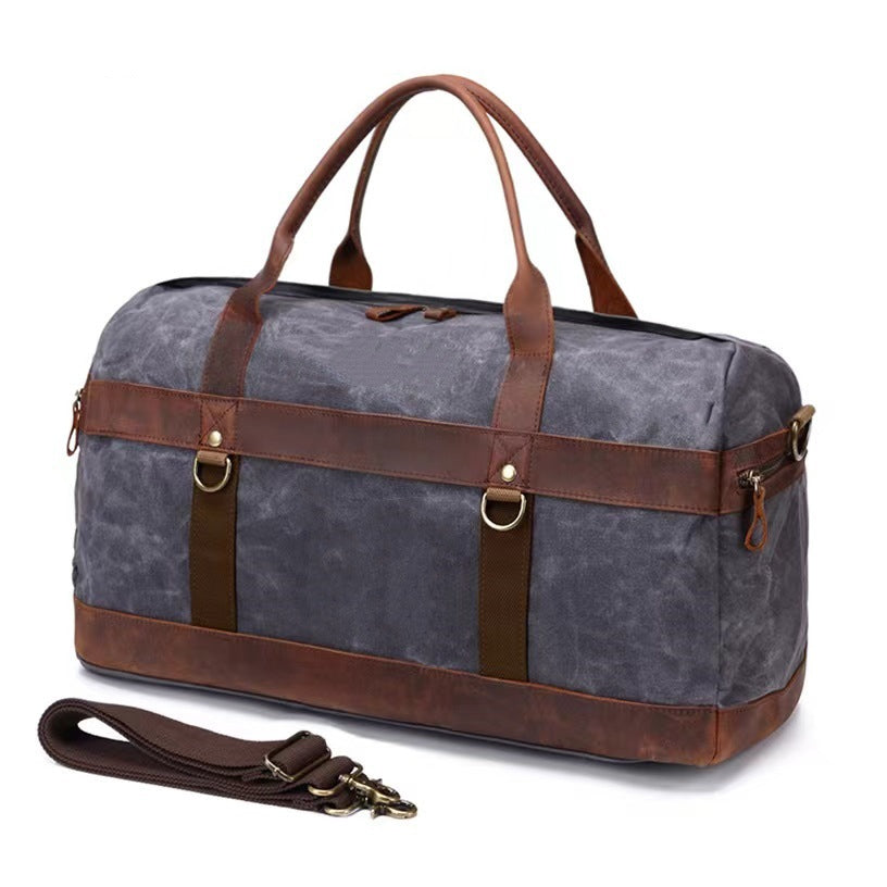Canvas Leather Duffel Bag 22in Large Capacity Travel Gym Bag in gray with brown straps.