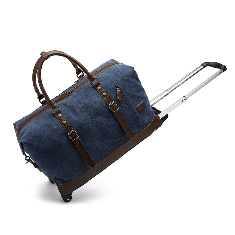 Canvas Rolling Duffel Bag 22in Split Leather Wheeled Travel Luggage in dark blue with brown accents