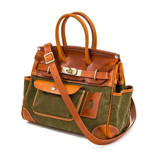 Canvas Tote Italian Leather Handmade Travel Bag Daily Work Bag 15in