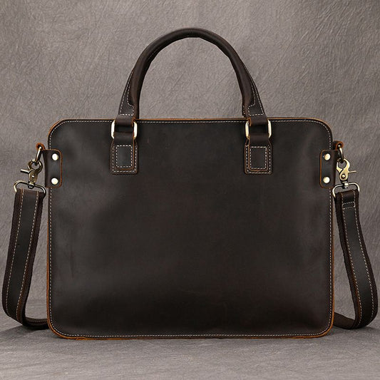 Retro Crazy Horse leather Full-Grain Leather 15" Laptop Briefcase in dark brown leather with detachable shoulder strap.