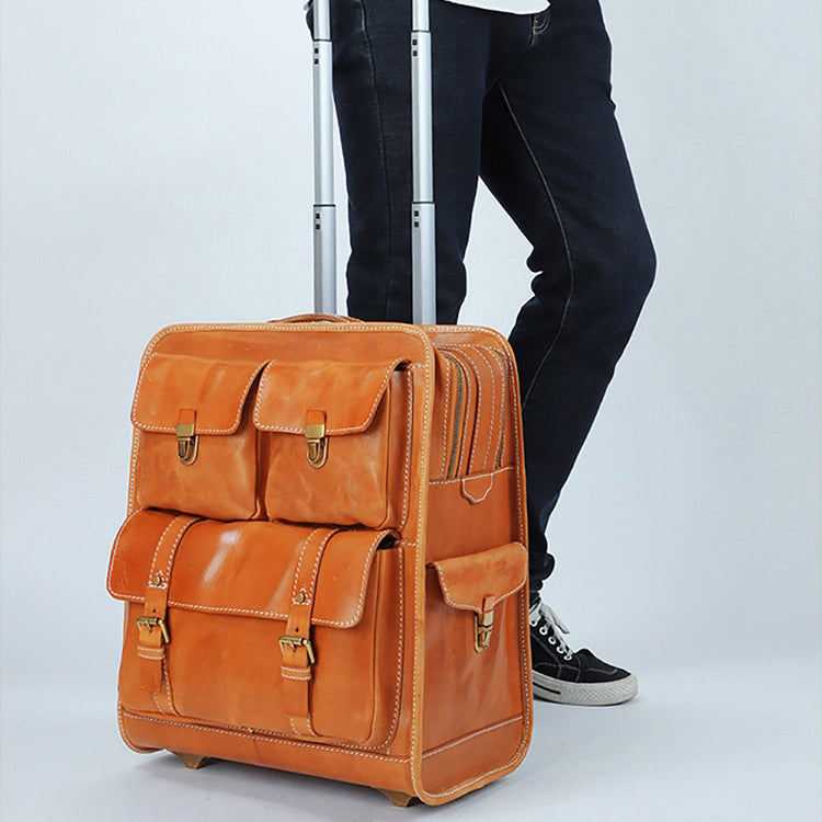 Full Grain Italian Leather Wheeled Carry-On Luggage, Premium Unisex Luggage, Length 22 In
