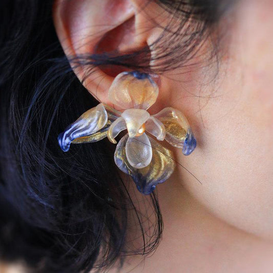 Dancing Iris Translucent Leather Flower Stud Earrings 2.4in