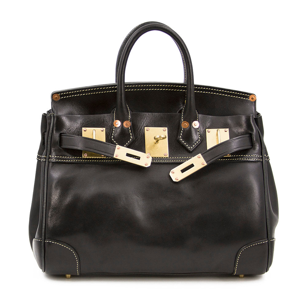 Italian Leather Large Tote 15in Classic Work Bag Shoulder in black with gold hardware and stitching details.