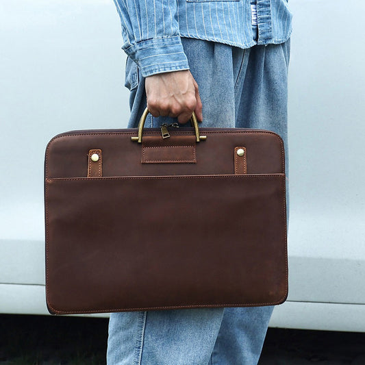 Leather Laptop Briefcase 16.1in Crazy Horse Work Bag Men