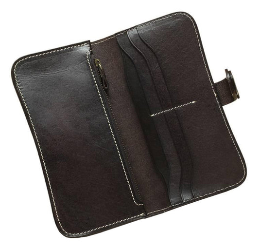 Full Grain Leather Long Wallet Hand Stitched Strap Clasp Clutch interior view with card slots and zipper pocket.