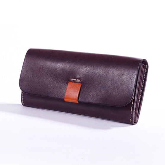 Full Grain Leather Long Wallet Handmade Card Organizer Coin Purse in dark brown with orange accent.