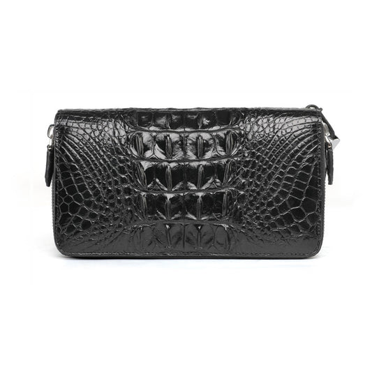 Luxury Crocodile Skin Long Wallet 8.7in Dual Zip Card Organizer in black crocodile leather.