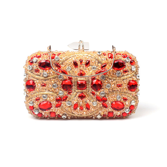 Gold Crystal Beaded Evening Clutch with red and clear rhinestones, perfect for weddings and parties