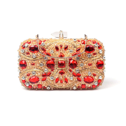 Gold Crystal Beaded Evening Clutch with red and clear rhinestones, perfect for weddings and parties