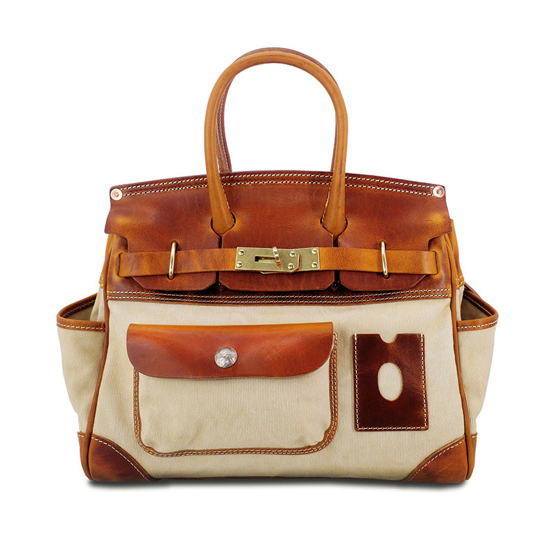 Canvas Tote Italian Leather Handmade Travel Bag Daily Work Bag 15in