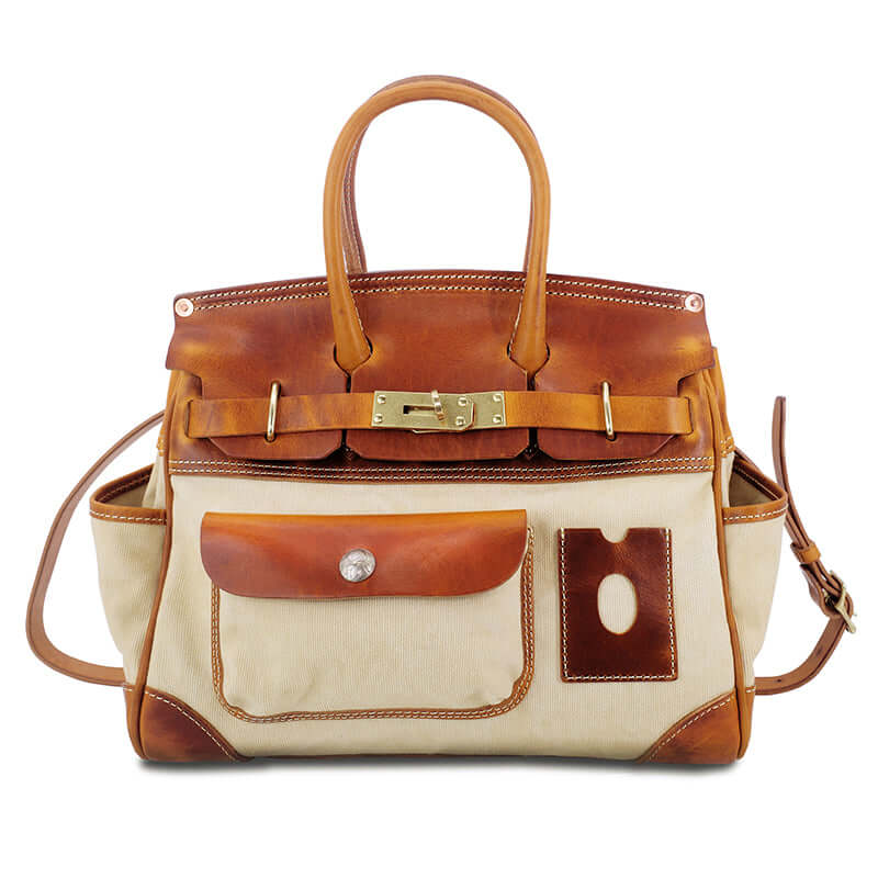 Canvas Tote Italian Leather Handmade Travel Bag Daily Work Bag 15in featuring khaki and tan leather design.