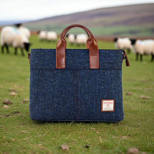 Harris Tweed Leather Handle Briefcase,Scottish Tartan Wool Bag-i7bags
