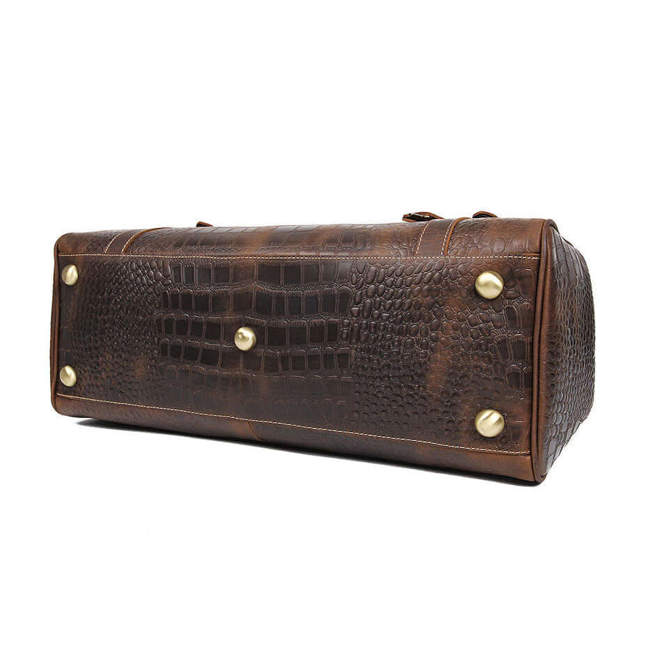 Lockable Leather Travel Duffel Bag Croc Embossed Weekender 20.5in bottom view with brass feet and dark brown leather.